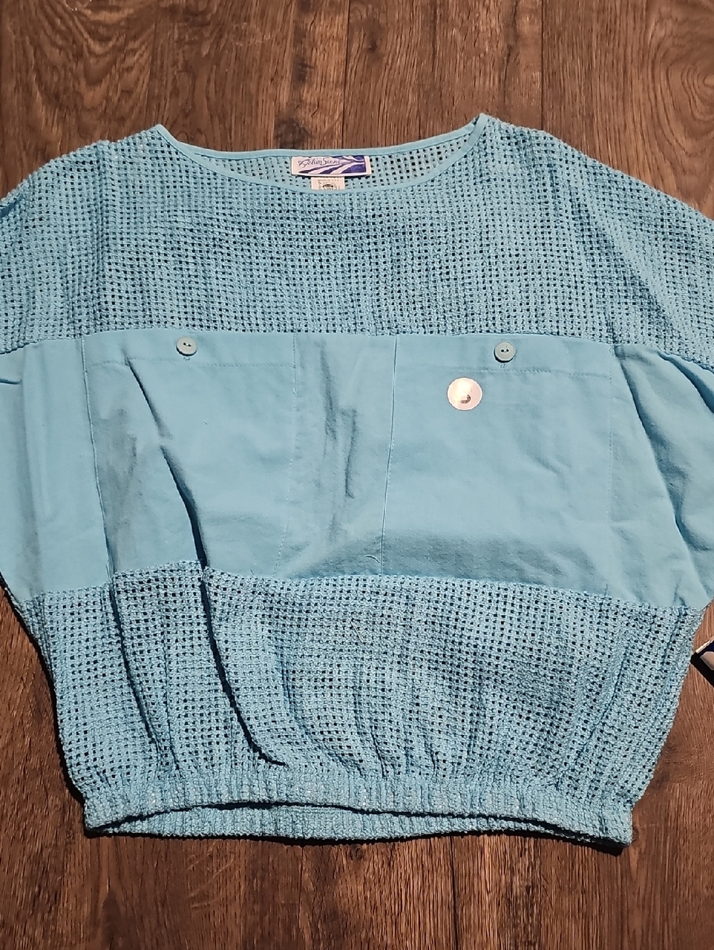 Action Scene Light Blue Open Knit Top Size Small Vintage Pull Over 80s